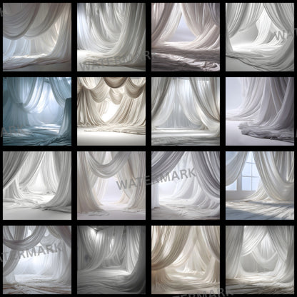 White Fabric Draped Floor Digital Backdrop, Photography Background for Newborns, Product Photography, Square RatioTexture, Wrinkled Cloth Fabric