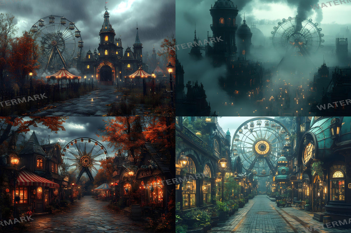 Steampunk Carnival Backdrops | Vintage Circus | Mechanical Fairground | Retro Fantasy | Digital Backgrounds