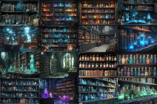 ALCHEMISTS LIBRARY - 4Magical Witchcraft Photography Backdrops in Warm Aesthetic Ideal for Artists  Designers