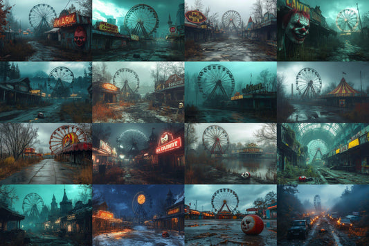 Eerie Abandoned Carnival Backdrop: 4PNGs for Unique Commercial Photography, Spooky Themed, Dark Artistic Digital Backdrops