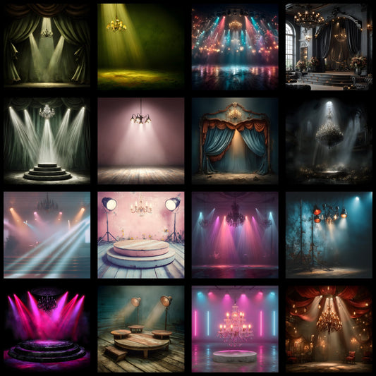 Stage Backdrop with Spotlights & Chandelier, Photography Background, Digital Download, Square Image, Concert Stage, Elegant Event, Photo Booth Prop