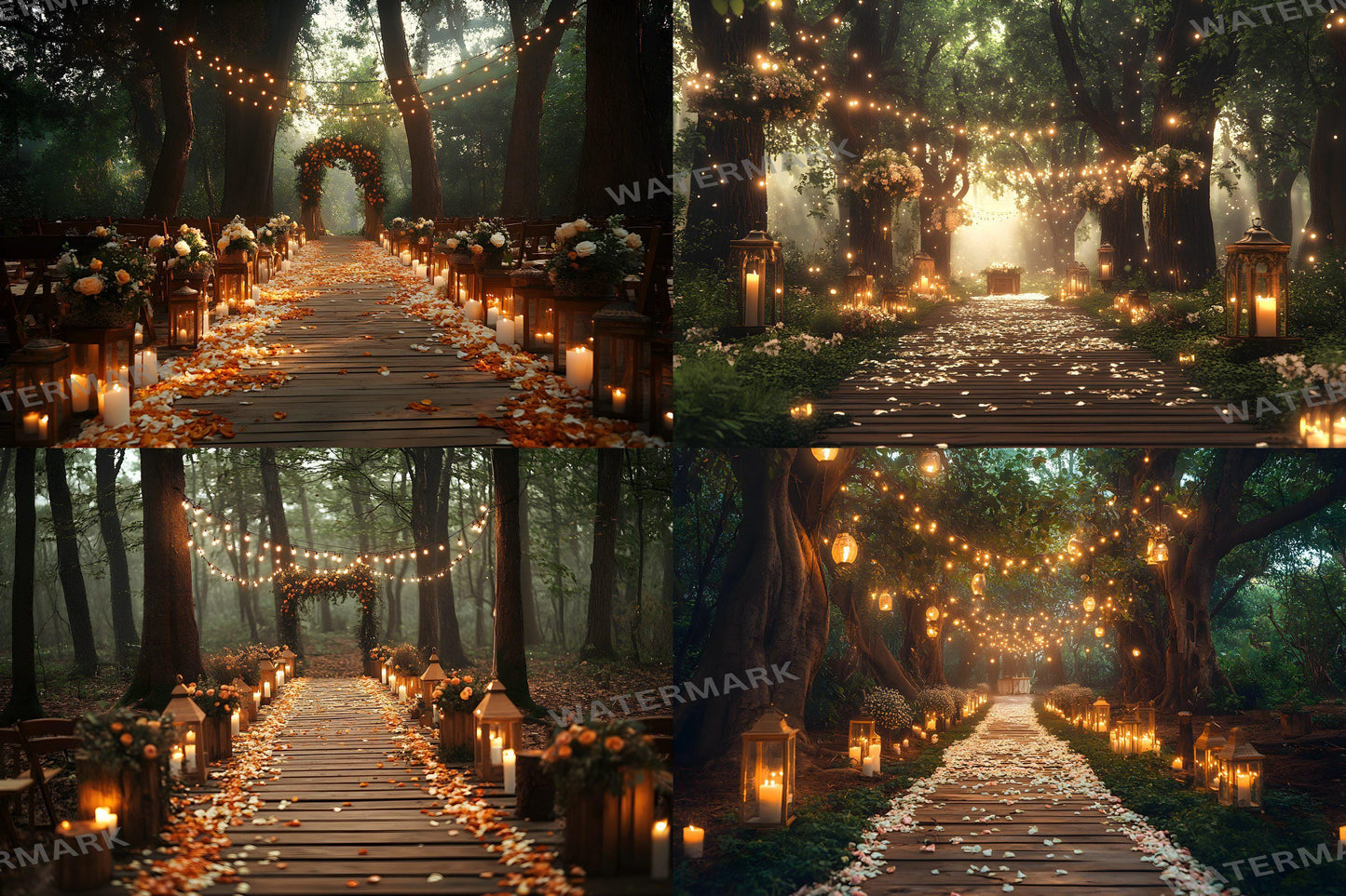 Forest Wedding Backdrops ��������� Rustic Elegance with Fairy Lights and Candlelit Paths - 3:2 Ratio - Wedding Photography - Wedding Backgrounds