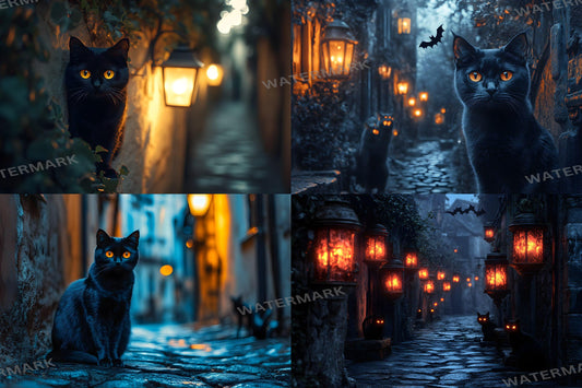 Black Cat Alley Backdrops, Night Urban Moody City Digital Background - Feline, Mysterious Dark Street Scene, Witchcraft - Witch's Cat