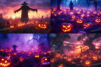 Pumpkin Field Curse Backdrops, Spooky Halloween Digital Backgrounds, Haunted Jack-O'-Lantern Scene, Dark Fantasy Horror Aesthetic