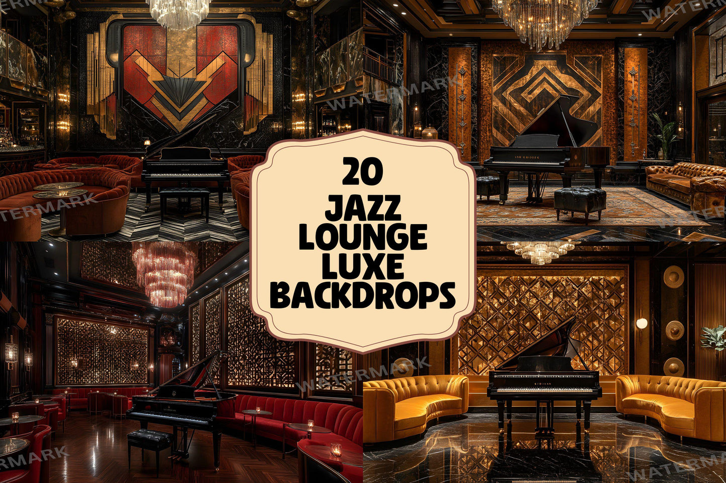 Jazz Lounge Luxe Backdrops | Art Deco Luxury Piano Backgrounds | Elegant Vintage Jazz Club Scene | Bar Interior | Digital Backdrops
