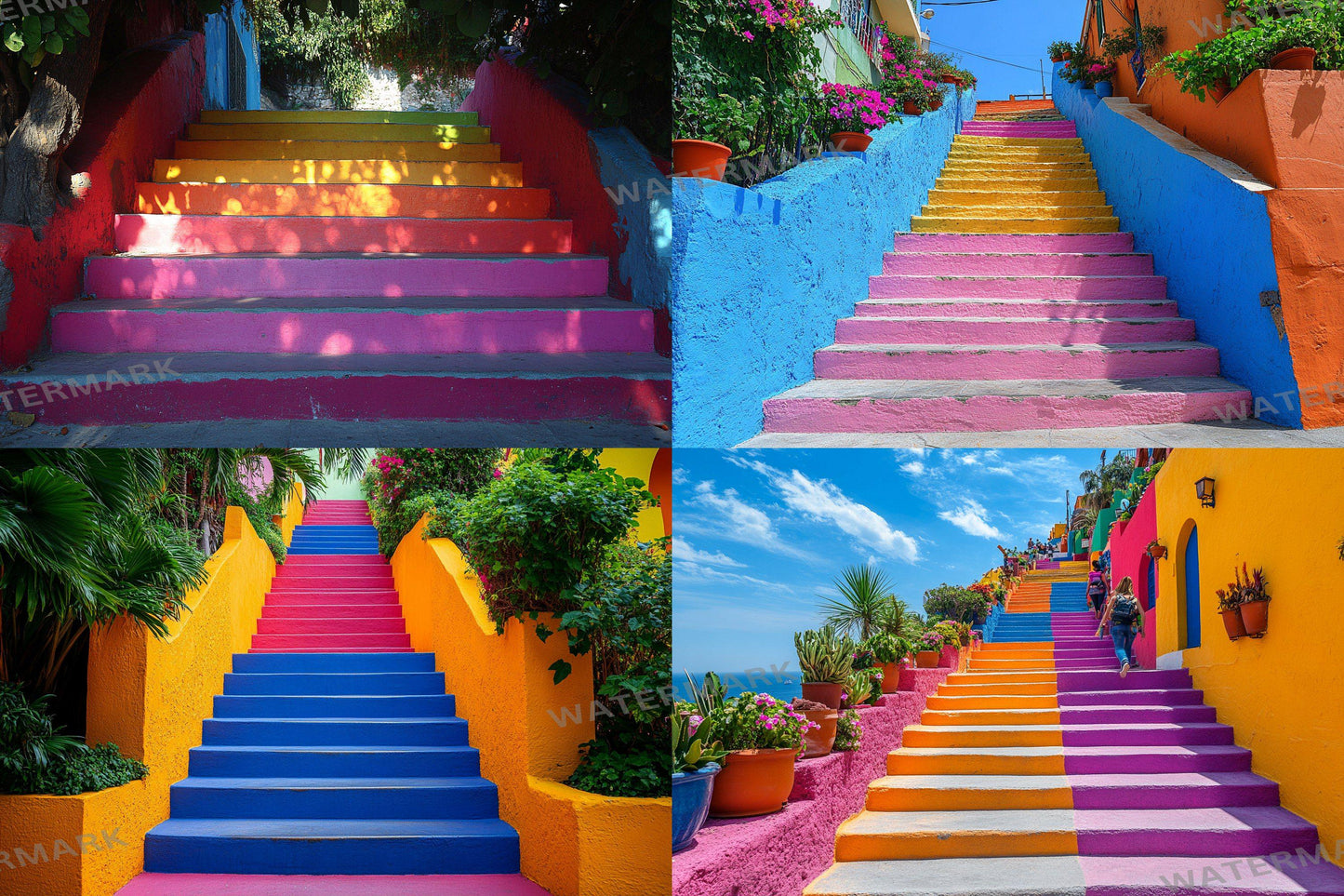 Colorful Urban Stairs Digital Backdrops for Photography & Photoshop Composites | Vibrant Steps Digital Backgrounds and Overlay Scenes