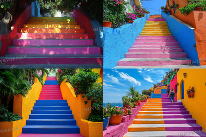 Colorful Urban Stairs Digital Backdrops for Photography & Photoshop Composites | Vibrant Steps Digital Backgrounds and Overlay Scenes