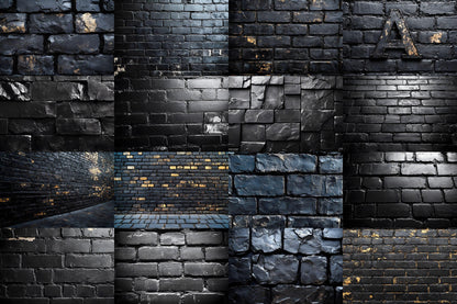 Sleek Black Brick Backdrops - Dark Urban, Industrial Texture, Moody Digital Backgrounds
