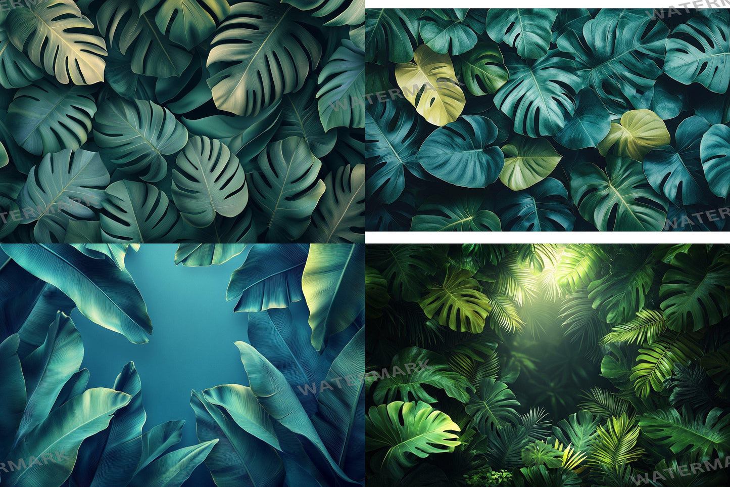 Tropical banana leaves digital backdrops, jungle PNG overlays for photography, botanical background scenes, lush greenery composites