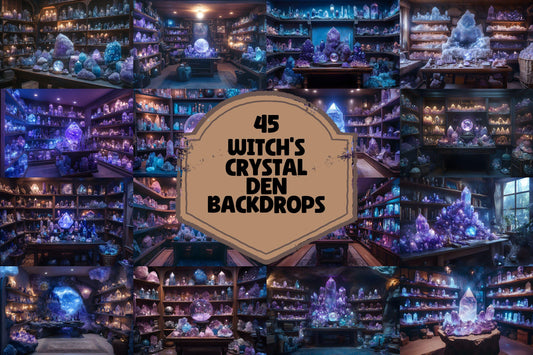 Witch's Crystal Den Digital Backdrops - Magical Fantasy Backgrounds - Glowing Crystals for Witch & Wizard Apothecary and Halloween Backdrops