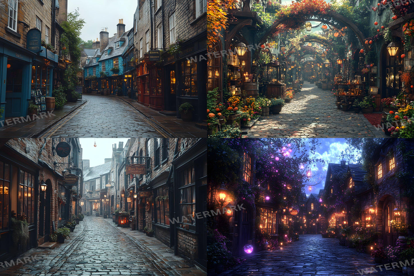 Wizard's Alley Backdrops, Magical Marketplace Scenes, Enchanted Shopfronts, Mystical Street Paths, Fantasy Digital Backgrounds