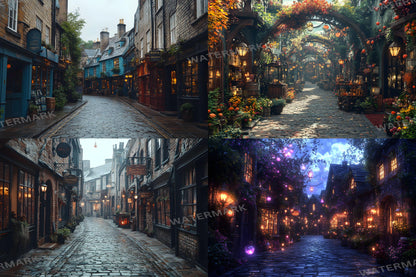 Wizard's Alley Backdrops, Magical Marketplace Scenes, Enchanted Shopfronts, Mystical Street Paths, Fantasy Digital Backgrounds