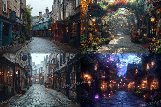 Wizard's Alley Backdrops, Magical Marketplace Scenes, Enchanted Shopfronts, Mystical Street Paths, Fantasy Digital Backgrounds