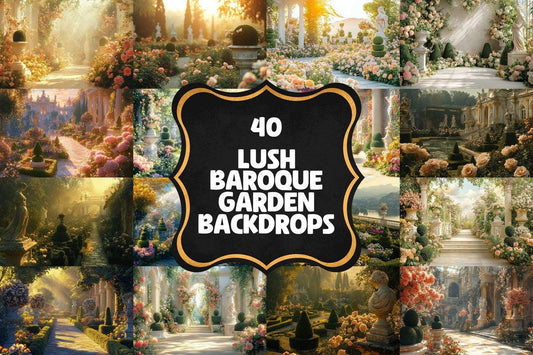Lush Baroque Garden Backdrops, Ornate Formal Fountain Digital Background, Vintage Historical Palace Estate Botanical Garden Rococo Style