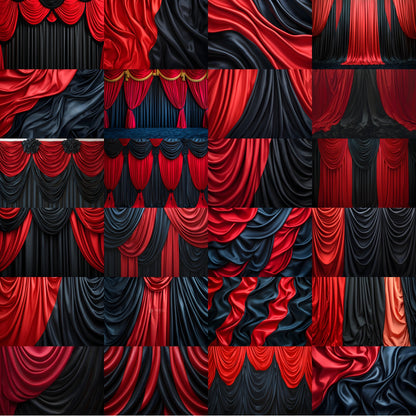 Scarlet Red Black Drapes Photography Backdrop, Digital Background for Portrait, Elegant Photo Booth, Studio Prop
