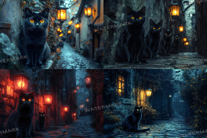 Black Cat Alley Backdrops, Night Urban Moody City Digital Background - Feline, Mysterious Dark Street Scene, Witchcraft - Witch's Cat