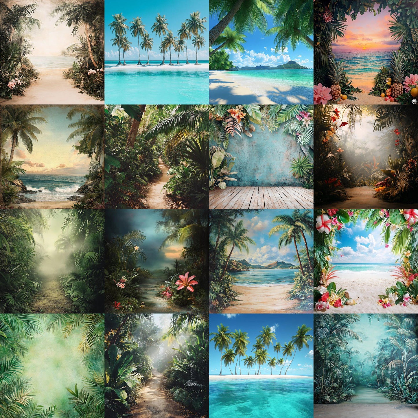TROPICAL PHOTOGRAPHY BACKDROPS Digital Backgrounds for Photography, Bright Colorful Beaches, Palm Trees, Oceans & Floral Scene Overlays