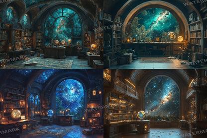 Celestial Witch's Observatory Backdrops - Mystical Astronomy Photography Backgrounds - Magical Night Sky Scenes - School of Wizarding Images