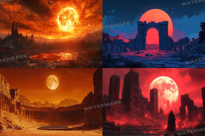 Blood Orange Moon streaming background, 16:9 ratio. Dark sky with a fiery orange moon, perfect for TV wallpaper or digital backdrops
