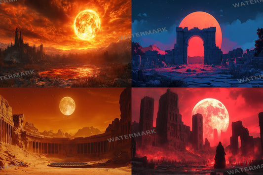 Blood Orange Moon streaming background, 16:9 ratio. Dark sky with a fiery orange moon, perfect for TV wallpaper or digital backdrops