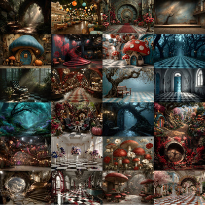 Alice in Wonderland Backdrop Bundle, Whimsical Digital Backgrounds for Photography, Fantasy Portrait Photography, Storybook Theme, Ratio