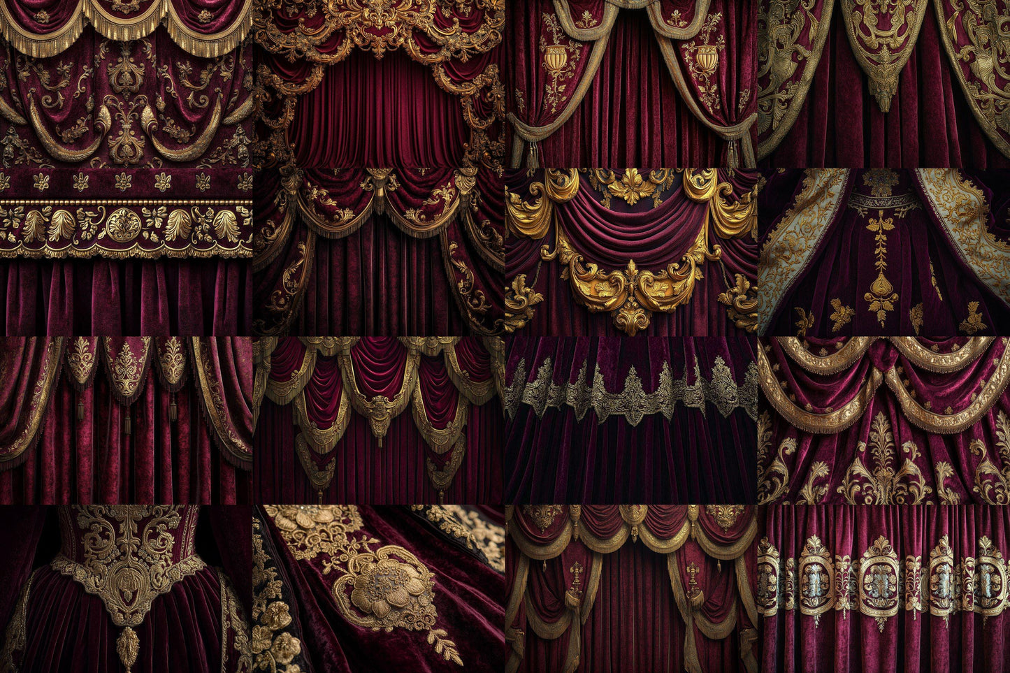 Opulent Gold Drapes Backdrops, Royal Velvet Curtains Digital Backgrounds, Luxury Red Gold Photography Props, Baroque Theatre Stage