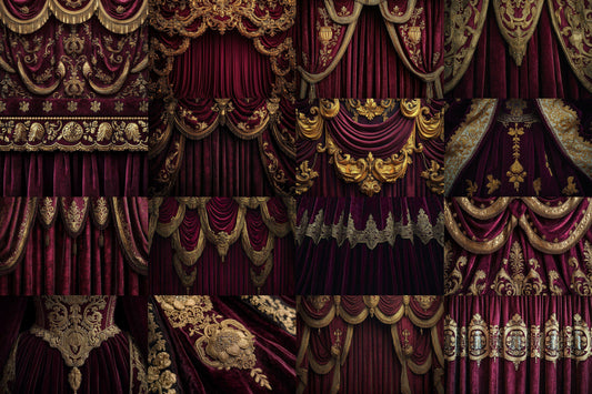 Opulent Gold Drapes Backdrops, Royal Velvet Curtains Digital Backgrounds, Luxury Red Gold Photography Props, Baroque Theatre Stage