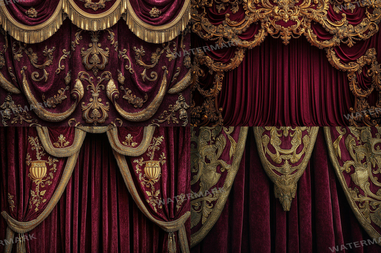 Opulent Gold Drapes Backdrops, Royal Velvet Curtains Digital Backgrounds, Luxury Red Gold Photography Props, Baroque Theatre Stage