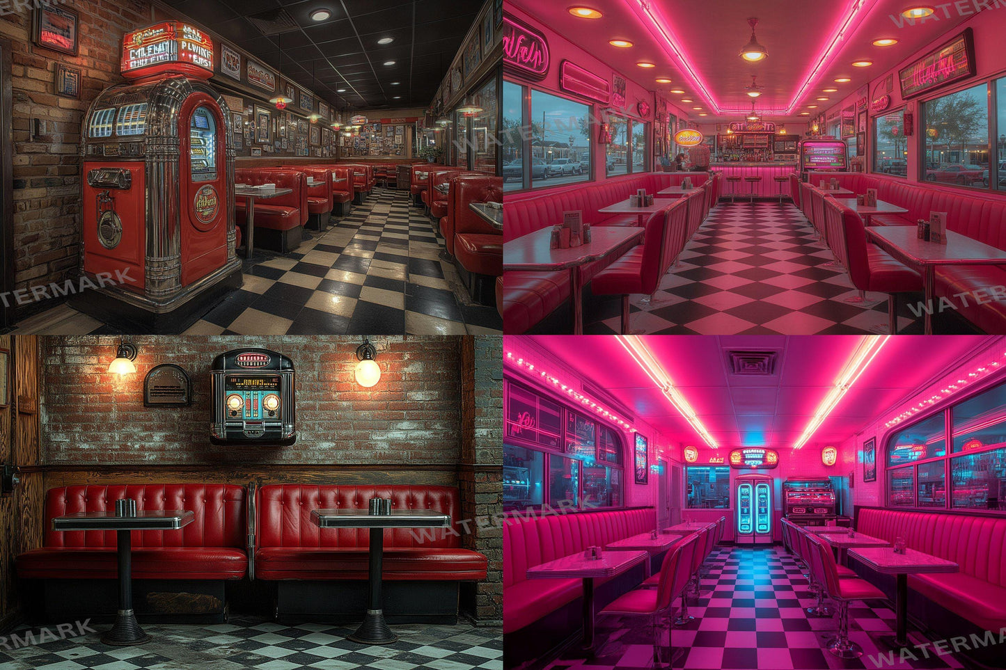 Retro Diner Backdrop: 3PNGs for Vintage Photo Editing, s Style Photography Props, Classic American Diner Digital Backdrops