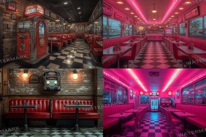 Retro Diner Backdrop: 3PNGs for Vintage Photo Editing, s Style Photography Props, Classic American Diner Digital Backdrops