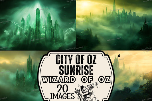 City of Oz Sunrise Backdrops - Emerald City Inspired Photography Backgrounds - Whimsical Fantasy Skyline | Dorothy Wizard of OZ Backdrops
