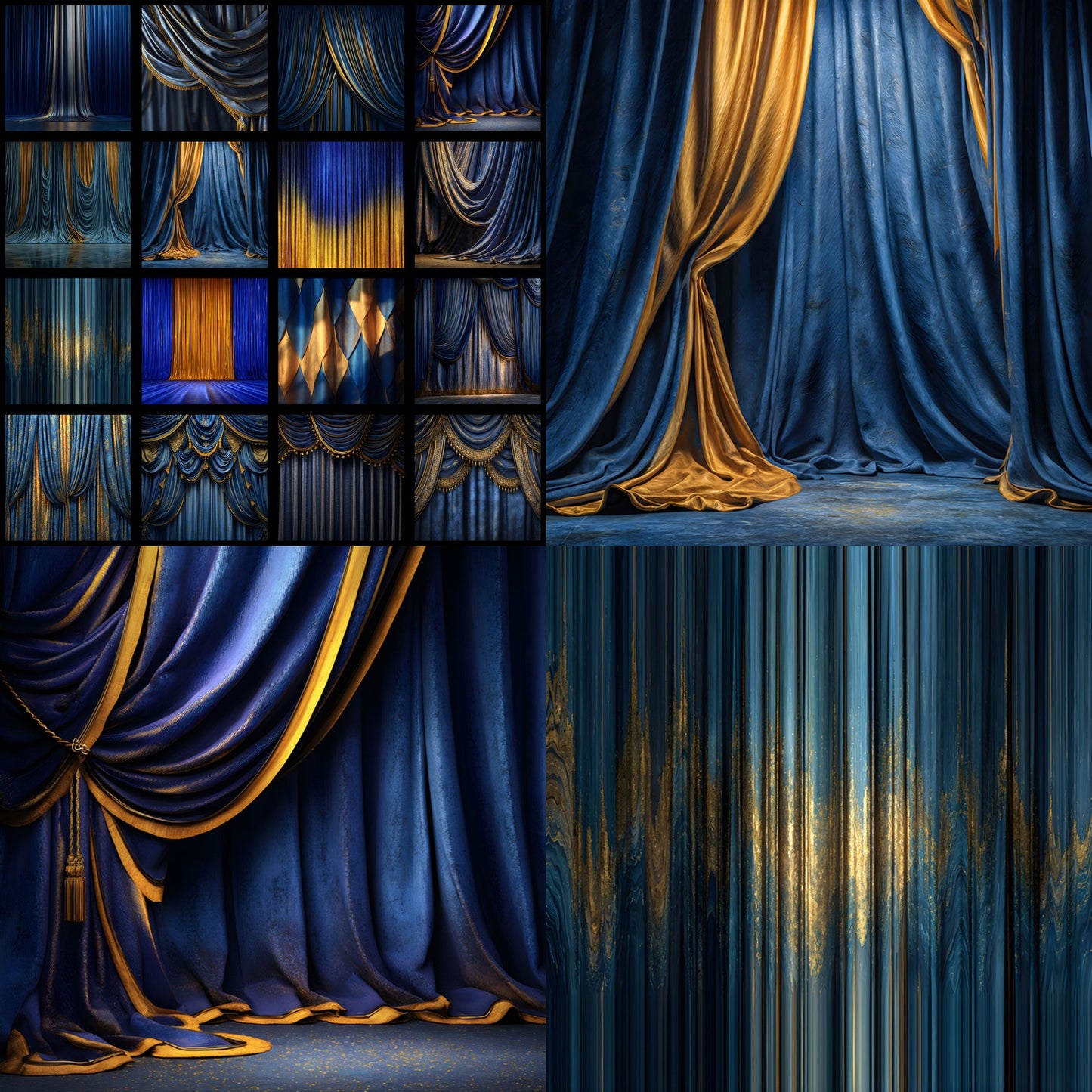 Sapphire Blue Gold Curtain Backdrop, Elegant Photography Background, Digital Download for Stunning Portraits, Wedding & Party Photo Booths, Square Image
