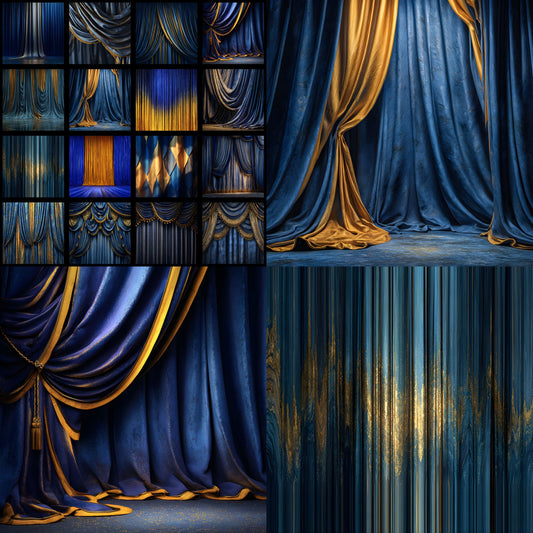 Sapphire Blue Gold Curtain Backdrop, Elegant Photography Background, Digital Download for Stunning Portraits, Wedding & Party Photo Booths, Square Image