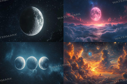 Celestial Moons digital backdrop, 16:9 ratio. Beautiful moons in a starry sky, perfect for TV wallpaper or streaming background