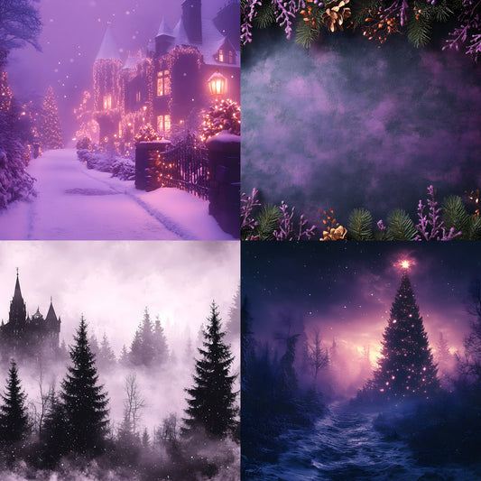 Gothic Purple Christmas Backdrop Set, Fantasy Holiday Backgrounds for Photography, Dark Festive Digital Backdrops, Winter Photo Overlays