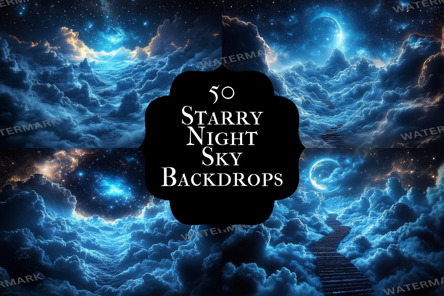 Starry Night Sky Backdrop: 5PNGs for Celestial Galaxy Photography, Cosmic Space Universe Scenes, Twinkling Star Digital Backdrops.