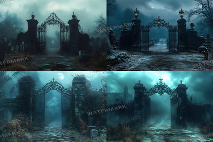 Spooky Graveyard Gate Backdrop | Gothic Digital Background | Halloween Photography Scene