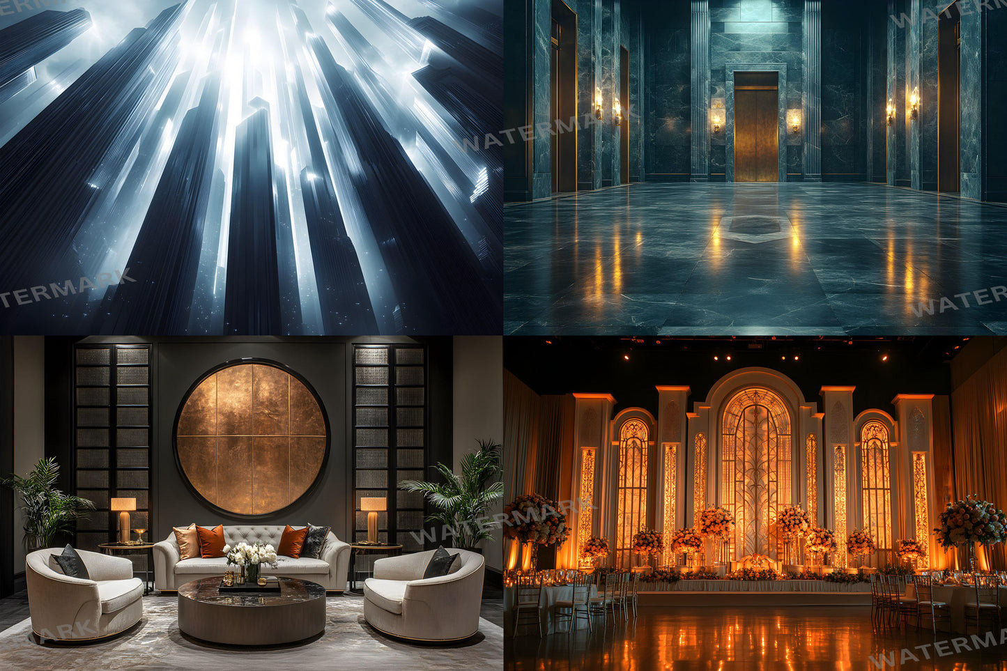 Art Deco Skyscraper Photography Backdrops | Digital Studio Wedding Backgrounds | Maternity Master Overlay Set Backdrops, Backgrounds