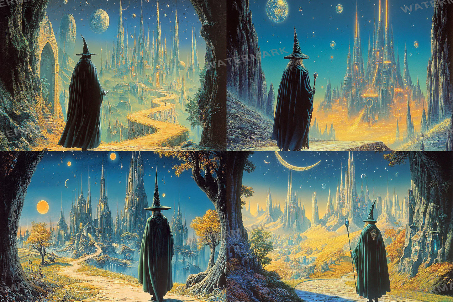 Wizard Walk digital backdrop, 16:9 ratio. Magical forest path with glowing lights and ancient ruins, perfect for streaming or TV wallpaper