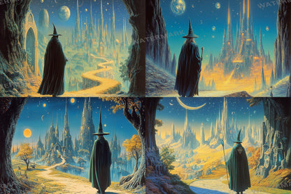 Wizard Walk digital backdrop, 16:9 ratio. Magical forest path with glowing lights and ancient ruins, perfect for streaming or TV wallpaper