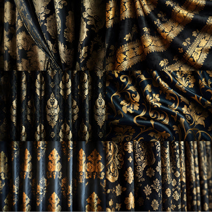 Black Gold Brocade Curtains Digital Backdrop, Elegant Photography Background, Luxury Portrait Photo Booth, Printable Fabric Texture, Ratios