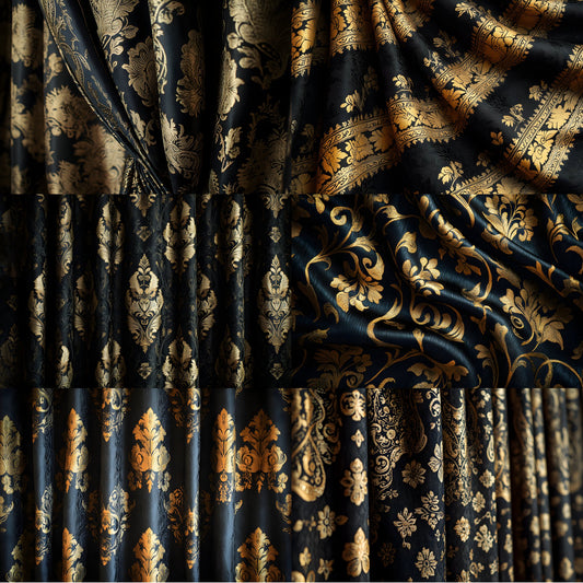Black Gold Brocade Curtains Digital Backdrop, Elegant Photography Background, Luxury Portrait Photo Booth, Printable Fabric Texture, Ratios