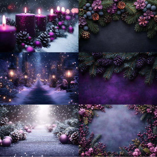 Gothic Purple Christmas Backdrop Set, Festive Holiday Backgrounds, Dark Winter Photography, Digital Photo Overlays, Fantasy Xmas Scenes