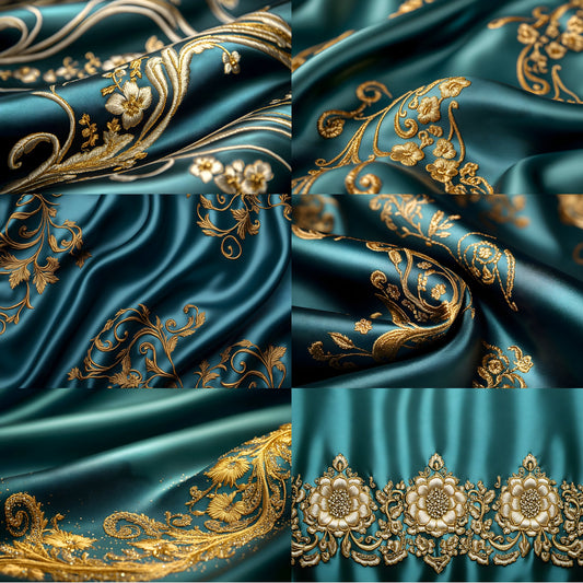 Teal Gold Embroidered Satin Digital Backdrop, Luxury Photo Background, Elegant Portrait Photography, Wedding, Newborn, Images