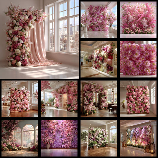 Pink Hydrangea Flower Wall Photography Backdrop, Floral Wedding Background, Digital Photo Booth Prop, Springtime Portrait, Square Image for Social Media