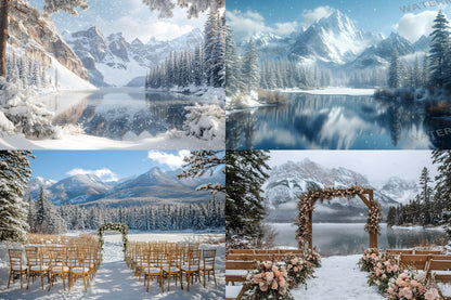 Snowy Mountain Wedding Backdrops - Romantic Alpine Digital Backgrounds