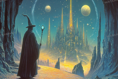 Wizard Walk digital backdrop, 16:9 ratio. Magical forest path with glowing lights and ancient ruins, perfect for streaming or TV wallpaper