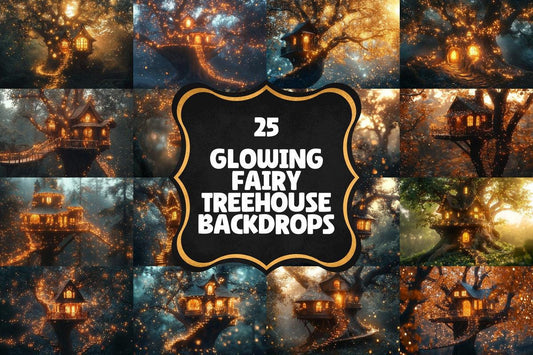 Glowing Fairy Treehouse Photography Backdrops - Warm Aesthetic PNGs for Digital Artists  Photographers