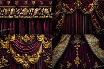 Opulent Gold Drapes Backdrops, Royal Velvet Curtains Digital Backgrounds, Luxury Red Gold Photography Props, Baroque Theatre Stage