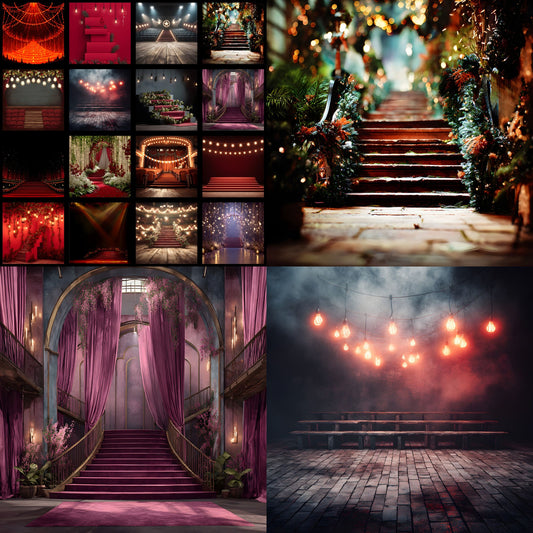 Theater Stage Digital Backdrop, Red Stairs Photography Background for Dramatic Portraits, Square Format, High Resolution Image for Composites
